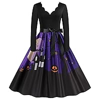 Women's Halloween Pumpkin Graphic Audrey Hepburn Dress 1950s Vintage Long Sleeve V Neck Cocktail Swing Dresses