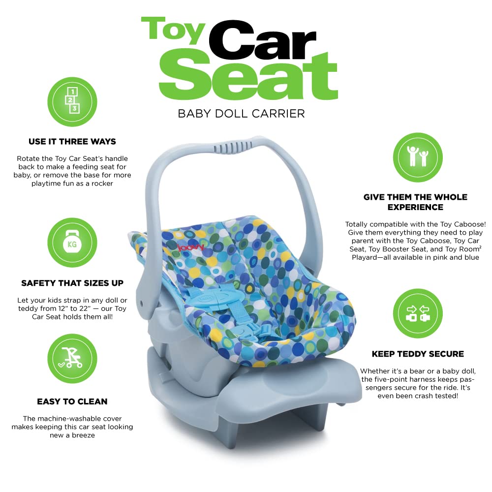 Joovy Toy Car Seat Baby Doll Carrier Featuring Crash-Tested Latch System for Safety, Machine-Washable Cover for Easy Cleaning, and Five-Point Harness - Fits Dolls 12” to 22”, Blue