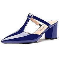 Women's Wedding Slip On Pointed Toe Slingback Patent Casual T Strap Chunky Mid Heel Pumps Shoes 2.5 Inch