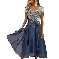 Wedding Guest Summer Casual Midi Dress for Women V Neck Short Sleeve Glitter Tunic Dress Party Flowy Party Dresses