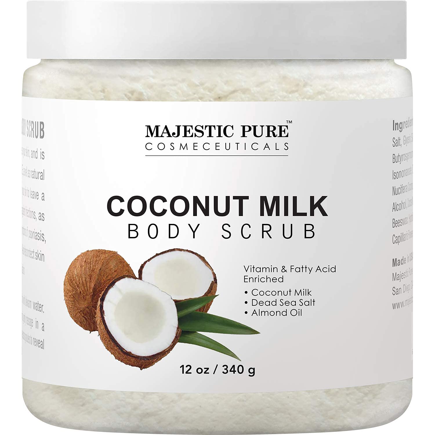 Majestic Pure Coconut Milk Body Scrub, Anti Cellulite & Exfoliator, Natural Skin Care Formula Helps with Stretch Marks, Eczema, Acne and Varicose Veins, 12 Oz