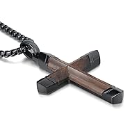 Cross Necklace for Men, Real Ebony Wood Mens Cross Necklace Black Stainless Steel Christian Handmade Wooden Pendant for Boy, Free 24 Inch Box Chain