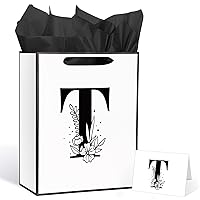 Initial Monogram Letter T Birthday Gift Bag with Happy Birthday Thank You Card and Wrapping Paper for Women Men Black White Personalized Gift Bag with Handles for Birthday Wedding Party Supplies