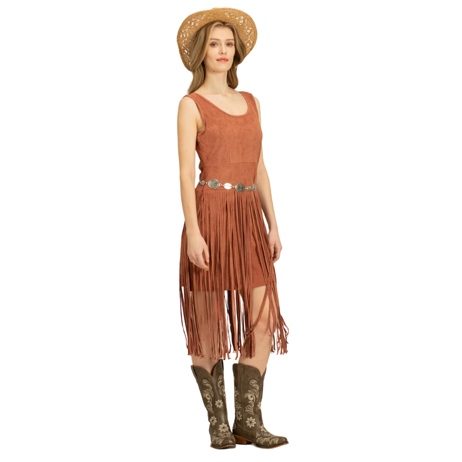 IUV Western Dress for Women Cowgirl Fringe Dresses Sleeveless Tank Tassel Skirt Country Summer Cowboy Outfit Without Belt