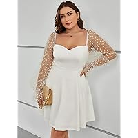 Plus Women's Dress Plus Contrast Dobby Mesh Flounce Sleeve Dress (Color : White, Size : XX-Large)