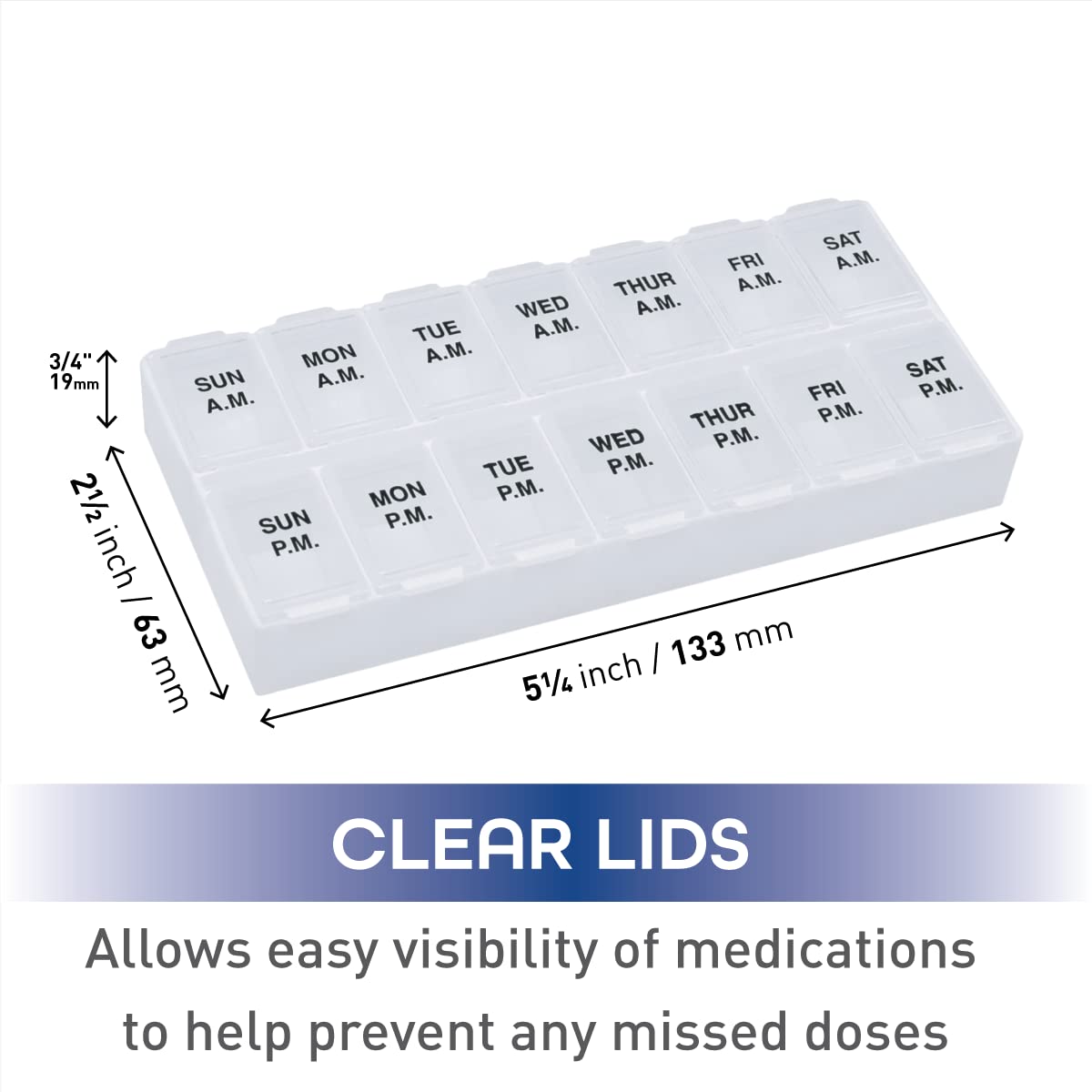 Remind N' Time Weekly (7-Day) AM/PM Pill Organizer, Vitamin and Medicine Box, Large Compartments, 2 Times a Day, Clear Lids