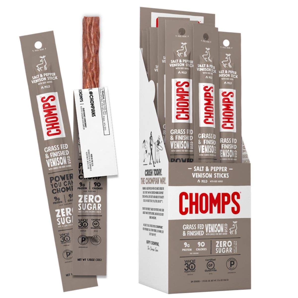Chomps Grass Fed Venison Jerky Snack Sticks, Keto & Paleo, Whole30 Approved, Non-GMO, Gluten Free, Sugar Free, Nitrate Free, 90 Calorie Snacks, 1.1...