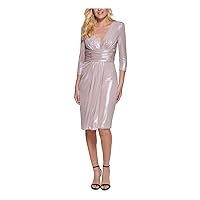 Vince Camuto Womens Pink Stretch Zippered Metallic Pleated Ruched Lined 3/4 Sleeve V Neck Midi Cocktail Sheath Dress 8