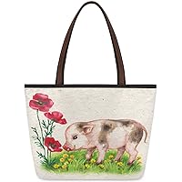 Cute Animal Pig Flower Poppy Large Tote Bag For Women Shoulder Handbags with Zippper Top Handle Satchel Bags for Shopping Travel Gym Work School