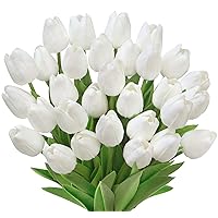 30 Pcs White Artificial Tulip Flowers Fake Tulips PU Real Touch Faux Flowers Bouquet for Room Office Table Party Wedding Home Decorations