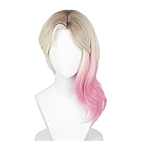 Probeauty Short Blonde Mixed Pink Cosplay Wig Medium Long Hair Wig for Women Halloween Costume Dress Party