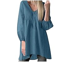 Oversized Cotton Linen Tunic Tops Women Lantern Long Sleeve V Neck Babaydoll Shirts Casual Loose Fit Flowy Blouses