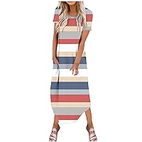 Women's Striped Print Split Long Dress Casual Loose Short Sleeve Maxi Dress 2024 Summer Beach Dress with Pockets