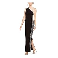 Vince Camuto Womens Black Stretch Zippered Sequined Back Slit Lined Sleeveless Asymmetrical Neckline Full-Length Formal Gown Dress 4