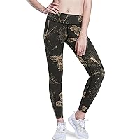 Gold Butterflies Dandelions Yoga Leggings for Women High Waist Tights Compression Capri Leggings X-Small