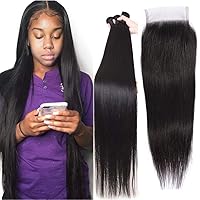 Peruvian Straight Hair 3 Bundles With Closure Unprocessed Virgin Human Hair Bundles With Lace Closure Free Part 8A Hair Extensions Queen Plus Hair (24 26 28 with 16inch, free part)