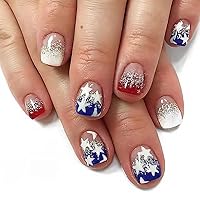 Independence Day Press on Nails with Five-Pointed Star Glitter Design - Short Star Fake Nails 4th of July Glue on Nails American Flag Glossy Shiny Stick on Nails Acrylic Artificial Nails for Women