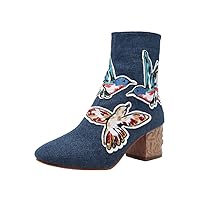 Women and Ladies Bas Relief Embroidery Fall & Winter Denim Short Boot Shoe