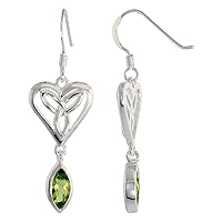 Sterling Silver Triquetra Earrings Celtic Heart Gemstone Dangling Fishhook Flawless Finish 1 1/2 inch