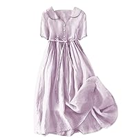 Womens Sun Dresses 2024 Summer Casual Cotton Linen Dress Trendy Short Sleeve Button Up Smocked Midi Dresses