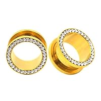 24k Gold Anodized with Clear Cz Stones Screw-fit Ear Tunnels (1 Pair) (A/5/3/A/10)