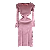Button Slit Ribbed Midi Dress Women's Elastic Waist Long Sleeve O Neck Retro Casual Slim Fit Knitted Winter Dress