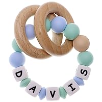 Munchewy Personalized Teether with Name, Customized Rattle Teether Ring with Name-LightBlue/MintGreen