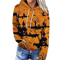 Women Halloween Sweatshirts Horror Spooky Pattern Hoodies Loose Fit Drawstring Clothes Teen Girl Outfits