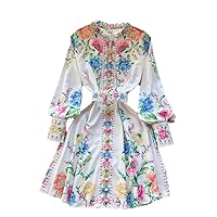 Women Dresses Summer Runway Floral Print Bohemian Dress O-Neck Long Lantern Sleeve Buttons Up Belted Mini Dress