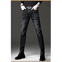 Men's Autumn and Winter Plus Velvet Thick Jeans Stretch Small feet Slim Plus Velvet Trousers Black 34