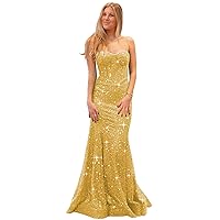 Women's Sequin Prom Dresses Spaghetti Strap Sparkly Evening Dress Mermaid Formal Gown