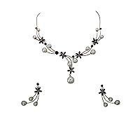 Faship Gorgeous CZ Crystal Shell Pearls Floral Necklace Earrings Set