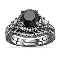 1.00 CT Round Cut Black & White Diamond Solitaire Halo Wedding Ring Set for Women Girls 14KT Black Gold Finish