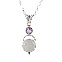 NOVICA Handmade Rainbow Moonstone Amethyst Pendant Necklace .925 Sterling Silver Clear Purple India Gemstone Birthstone 'Alluring Serenity'