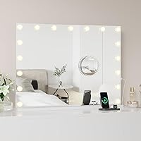 IDEALHOUSE 2024 New 32 x 24 Vanity Mirror with Lights, Makeup Mirror with 3X Detachable Magnification Mirror, USB Charging Port, 17 LED Bulbs, and 3 Colors Modes for Tabletop, Metal Frame, White