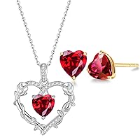FANCIME Mothers Day Gifts Ruby Heart Rose Necklace/Heart Earrings for Mom Women Wife