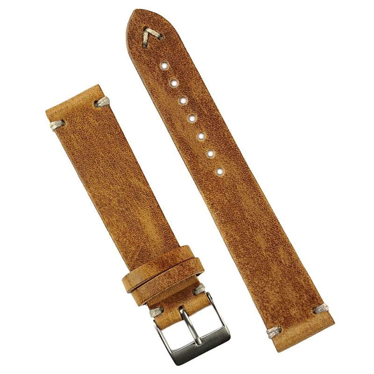 B & R Bands 22mm Oak Classic Vintage Leather Watch Band Strap Handsewn Ecru-stitch - Medium Length