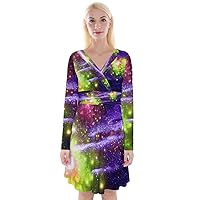 PattyCandy Womens Party Space Galaxy & Unicorn Printed Long Sleeve Ruched Waistband Wrapped Skater Dress, XS-3XL
