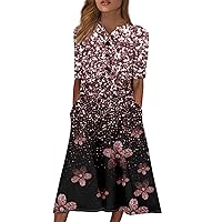 Formal Dresses for Women Buttons Boho Floral Print Party Dress V-Neck Short Sleeve Midi Beach Dress with Pockets