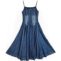 Women's Casual Maxi Dresses Summer Spaghetti Strap Denim Dress Sexy Stripe Sleeveless (US, Alpha, XX-Large, Regular, Long, Blue)