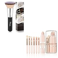 Foundation Kabuki Brush for Liquid Makeup Cream Makeup Blending Buffing Stippling & 8 in 1 Mini Makeup Brushes Travel Set with Case for Purse