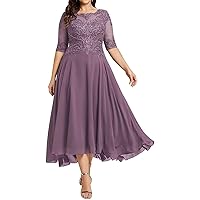 Tea Length Mother of The Bride Dresses Half Sleeve Lace Appliques Prom Gown Wedding Guest Dresses for Women