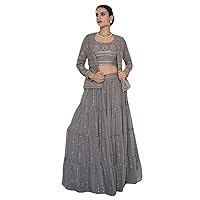 Grey,Designer Sequin Thread Embroidered Indian Women Wear Georgette Ghaghara Choli with Jacket Bollywood Lehenga 1184
