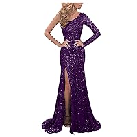 Sparkly Dresses for Women,Sexy Elegant One Shoulder Sequin Black Slim Bodycon Slit Maxi Dress for Wedding Guest Cocktail Party Dinner Evening Ball Gown Nightclub Purple S