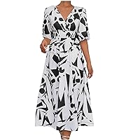 2023 Women Fashion Print Wrap V Neck A-Line Dress Puff Half Sleeve Elastic High Waist Casual Summer New Mid Dresses