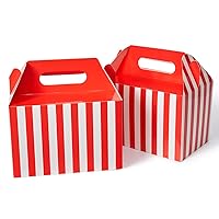 Happyhiram 50 Pcs Large Party Gift Boxes with Handles Red and White Stripes, 9x6x6 Gable Lunch Boxes Party Favor Boxes Barn Style Carry Out Box Recyclable Lunch Boxes Paper for Food Kids Birthday Baby Shower