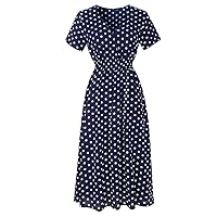 lalc Women's Casual Floral V Neck Long/Short Sleeve Printed Boho Beach Chiffon Slim Fit Dress