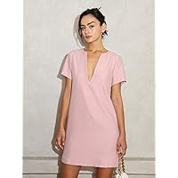 Women's Dress Dresses for Women Notched Neck Keyhole Back Tunic Dress Dresses for Women (Color : Baby Pink, Size : X-Small)