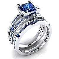 Princess & Round Created Blue Sapphire Engagement Wedding Bridal Ring Set for Women's 14K White Gold Plated 925 Sterling Silver