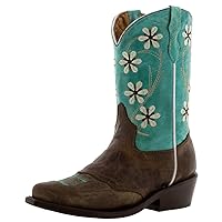 Girl's Turquoise & Brown Floral Embroidered Cowgirl Boots Snip